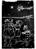 L'avion de Roland Garros passant au-dessus de Hendaye ( Technique de linogravure) - Illustrations ( livre PARIS-MADRID)